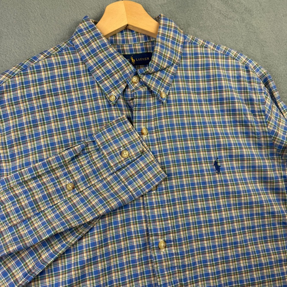 Ralph Lauren Mens Large Blue Green Plaid Long Sleeve Button Down Shirt Cotton L
